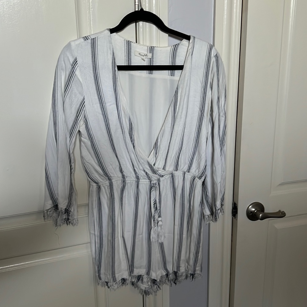 Cropped Sleeve Blue Striped Romper